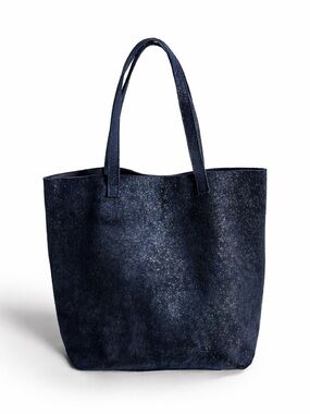 Subtle Not Boring Monserat De Lucca Calypso midnight blue suede shimmer tote bag
